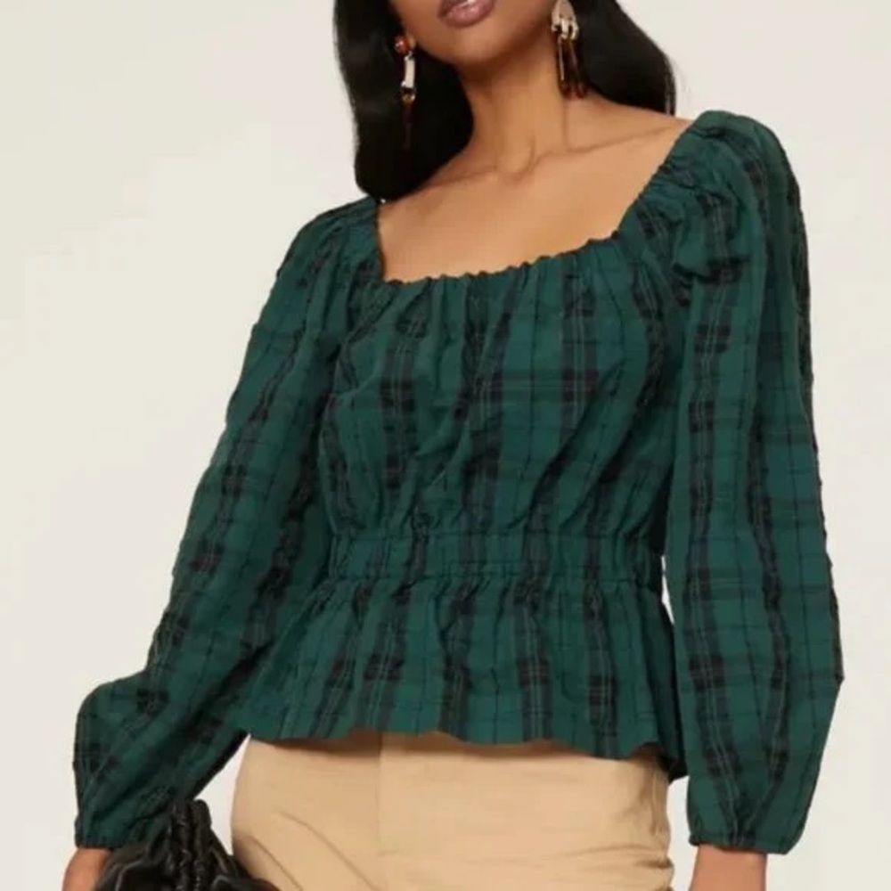 Tanya Taylor Green Plaid Blouse
